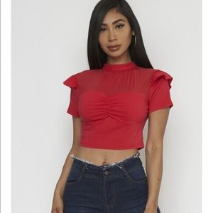 Red mesh detailed crop top